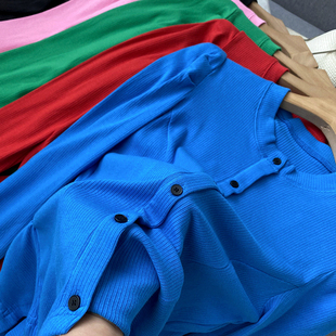韩版单排扣粉色长袖T恤女修身直筒秋季通勤上衣时尚休闲洋气