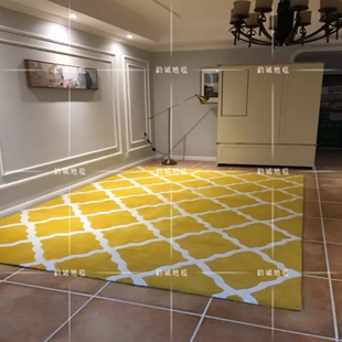 现代简约黄色格子客厅茶几地毯，美式卧室床尾满铺拍照化纤腈纶地毯