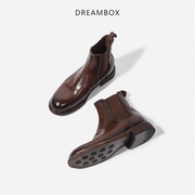 dreambox冬季女靴英伦，复古胎牛皮切尔西靴真皮底手工，固特异马丁靴