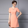 轻奢桔红色连衣裙2023夏季气质，纯色钉钻短袖高腰，显瘦套头裙子