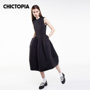 chictopiachic刘清扬(刘，清扬)秋冬原创设计黑色圆领无袖收腰连衣裙