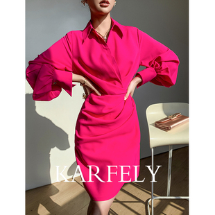 karfely高级感玫红色，长袖衬衫连衣裙女春季醋酸细麻包臀裙小众