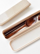 日式木质餐具便携盒子，餐具学生环保原木勺子木筷子布袋三件套装