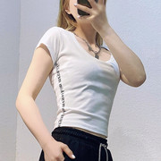 短袖t恤女短款2024年春夏韩版修身字母白色体恤高腰露脐上衣