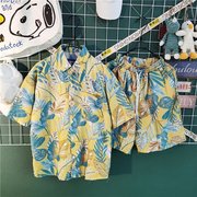 休闲夏威夷衬衫短裤夏季潮流宽松短袖日系大码海边情侣沙滩套装男