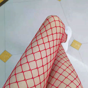 红色渔网袜女夏季大中小网眼防勾丝镂空糖果，色减龄美腿性感连裤袜