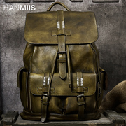 hanmiis胡椒盐(胡椒盐)头层牛皮大容量双肩包旅行袋，包全真皮男士背包书包