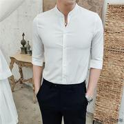 中式黑色立领衬衫男长袖修身韩版潮流休闲冰丝薄款短袖衬衣高级感