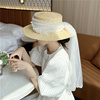 法式复古新娘白色珠，花网纱麦秆草帽女夏季时尚，潮搭凹造型遮阳帽子