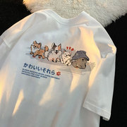夏季男女童日系小清新短袖T恤休闲宽松中大童卡通猫咪印花百搭