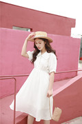umika法式复古娃娃领短袖中长款裙子，甜美仙女白色连衣裙女夏季