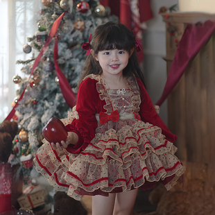 女童洛丽塔公主裙圣诞节洋装宝宝，生日周岁礼服，蓬蓬连衣裙红色年服