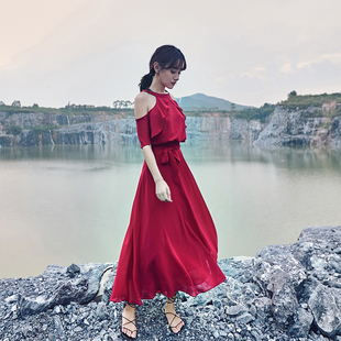 奈良红色沙滩裙露肩法式连衣裙，女夏雪纺波西米亚，长裙海边度假裙子