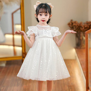 超仙女童白色连衣裙夏装2024儿童蕾丝，白纱裙(白纱裙)小女孩蓬蓬公主裙