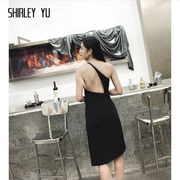 SHIRLEY YU2024派对年会黑色性感连衣裙不对称露背聚会礼服裙