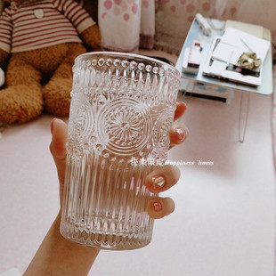 ins风玻璃杯复古浮雕透明水杯，女生高颜值可爱高级感家用喝水杯子