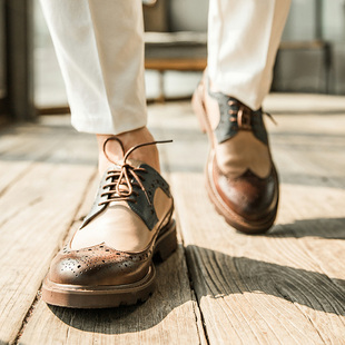 布洛克男士商务正装皮鞋复古拼色休闲男潮鞋，英伦风个性厚底小皮鞋