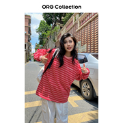 ORG Collection美式复古红色条纹长袖t恤女春秋彩色潮牌宽松上衣