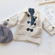 秋冬季儿童韩版白色加绒皮大衣男女童中长款羊羔毛牛角扣外套