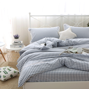 格子床单老粗布床单，双人纯棉100%棉吸汗，透气粗布床单蓝灰色