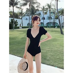 韩国温泉游泳衣女ins仙女范v领遮肚显瘦裙式保守露背泳衣
