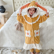 女童法兰绒睡衣冬季儿童，睡袍珊瑚绒，加厚款套装小女孩中长款家居服