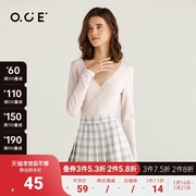 OCE女装V领t恤2021秋季设计感小众长袖上衣纯色性感显瘦体恤