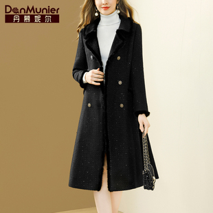 丹慕妮尔黑色大牌高端修身毛呢外套女冬季气质中长款大衣