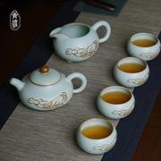 手工汝窑茶具套装，家用简约景德镇陶瓷，功夫茶礼盒装冰裂釉青瓷