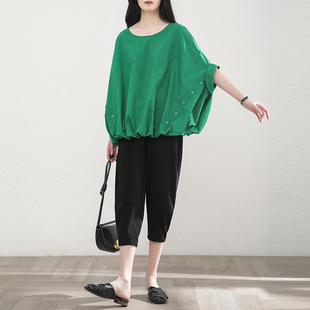 绿色蝙蝠短袖T恤女2024夏季韩版圆领时尚气质宽松显瘦上衣
