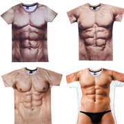 创意搞笑肌肉男t恤3d纹身衣服，立体图案个性假腹肌胸肌肉短袖t恤潮