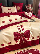公主风结婚四件套新婚床上用品全棉红色喜庆100支长绒棉抱枕六件4