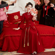 敬酒服新娘旗袍，2024酒红色订婚礼服，连衣裙中式结婚蕾丝长袖女