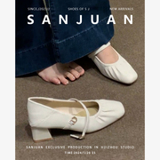 三卷sanjuan白色玛丽珍高跟鞋女粗跟真皮单鞋法式方头小皮鞋中跟