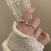 金色独特珍珠戒指女小众，设计高级感开口戒子冷淡风叠戴指环(戴指环)食指戒