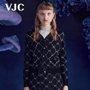 VJC/威杰思秋季女装圆领针织外套菱格纹修身短款开衫