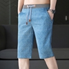 夏季七分裤男士薄款青少年运动蓝色过膝短裤男生外穿休闲六分裤子