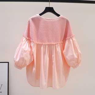 粉色灯笼袖娃娃衫女针织拼接棉布宽松衬衣夏季甜美木耳边衬衫