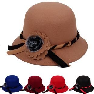 韩版冬天英伦复古毛呢帽(毛，呢帽)子女，帽子毛球盆帽秋季圆顶呢子礼帽