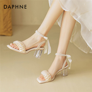 达芙妮凉鞋女夏季外穿仙女风透明高跟鞋一字带后空法式水晶罗马鞋