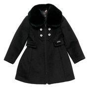 出口韩国高端女童黑色双排扣真毛领气质英伦风羊绒大衣