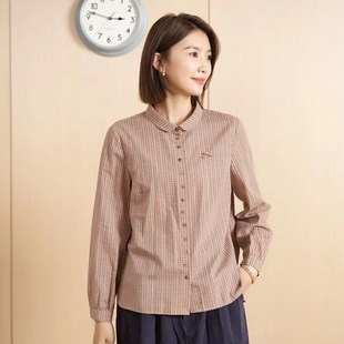yun韫2023春季女装，娃娃领蝴蝶结，长袖休闲格子单排扣衬衫上衣