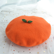 一个orange~日系可爱小清新桔子，绿叶羊毛呢贝雷帽秋冬画家帽子女