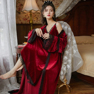 金丝绒睡裙女性感新娘，结婚晨袍睡袍两件套红色吊带，睡衣套装高级感