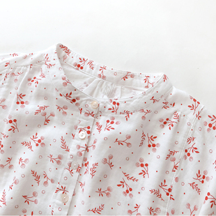 日式安静的棉纱上衣复古感红色系小碎花，印花气质立领衬衫女中袖