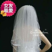 2023新娘婚纱头纱发梳三层造型头纱带纯手工粘珠韩式包边白i