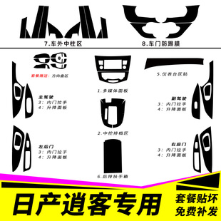 适用于16-21款日产逍客内饰，改装碳纤贴纸防踢垫中控排档装饰贴膜