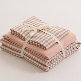 日式良品四件套水洗棉，格子纯棉被套全棉床，单人三件套床笠床上用品