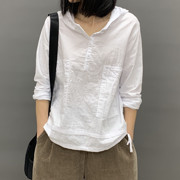 韩版女装t恤帽衫长袖，纯棉布t恤衬衣宽松棉麻文艺复古上衣外套