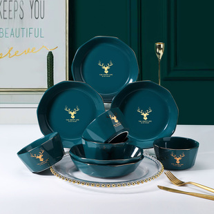 碗碟套装家用个性创意碗筷，盘子轻奢孔雀绿金边欧式陶瓷祖母绿餐具